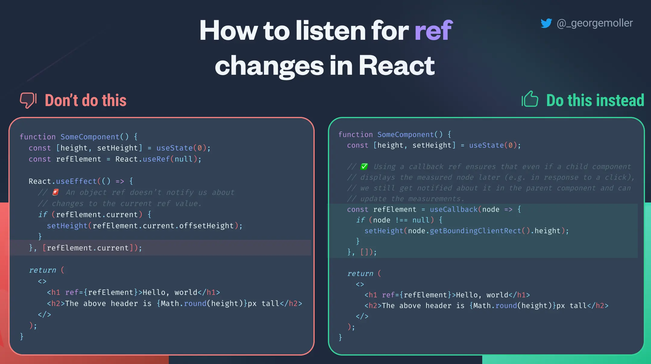 infographic explaining how to listen for ref changes in React